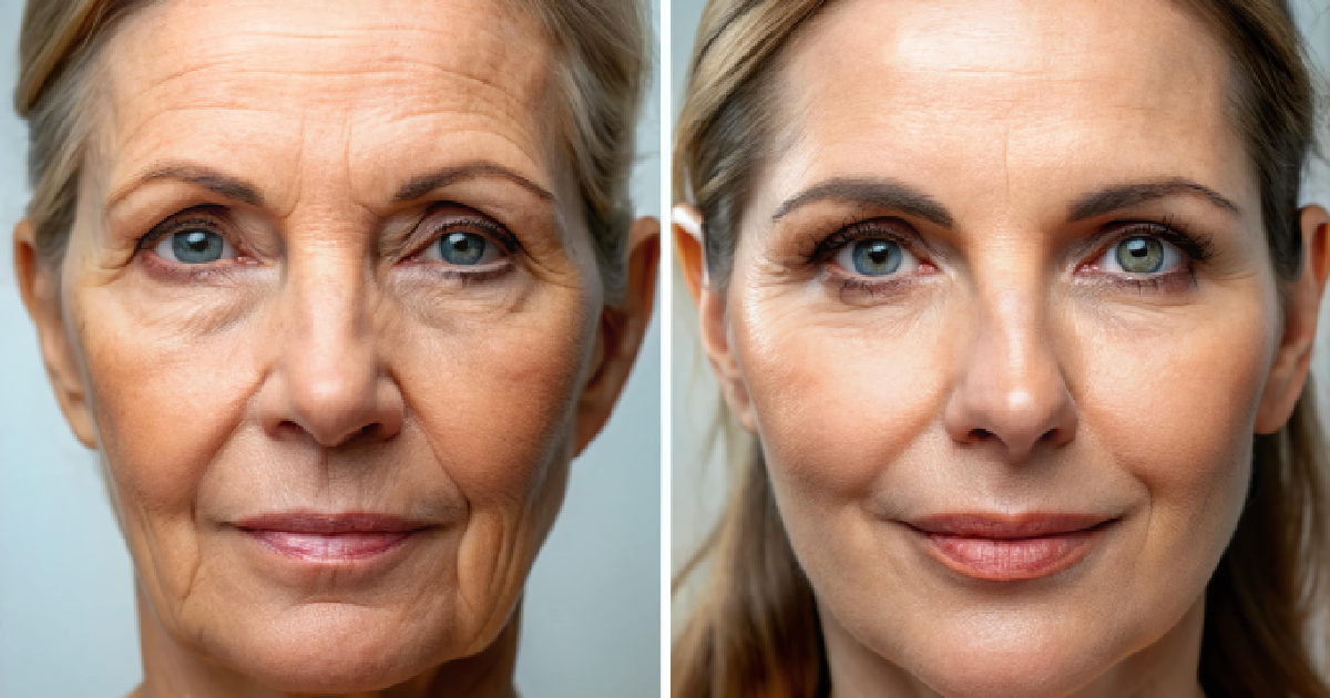 Side-by-side comparison of a mature woman's face before and after BBL skin rejuvenation treatment in Boston, MA