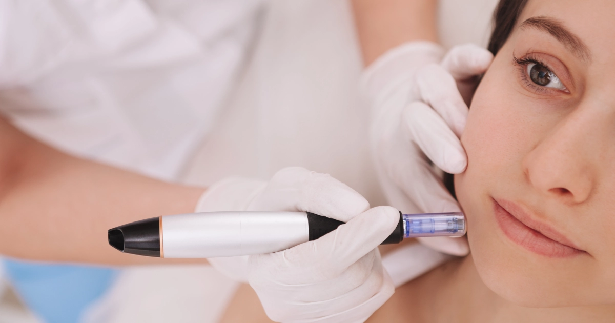 Professional performing RF Microneedling on a woman's face in Boston, MA